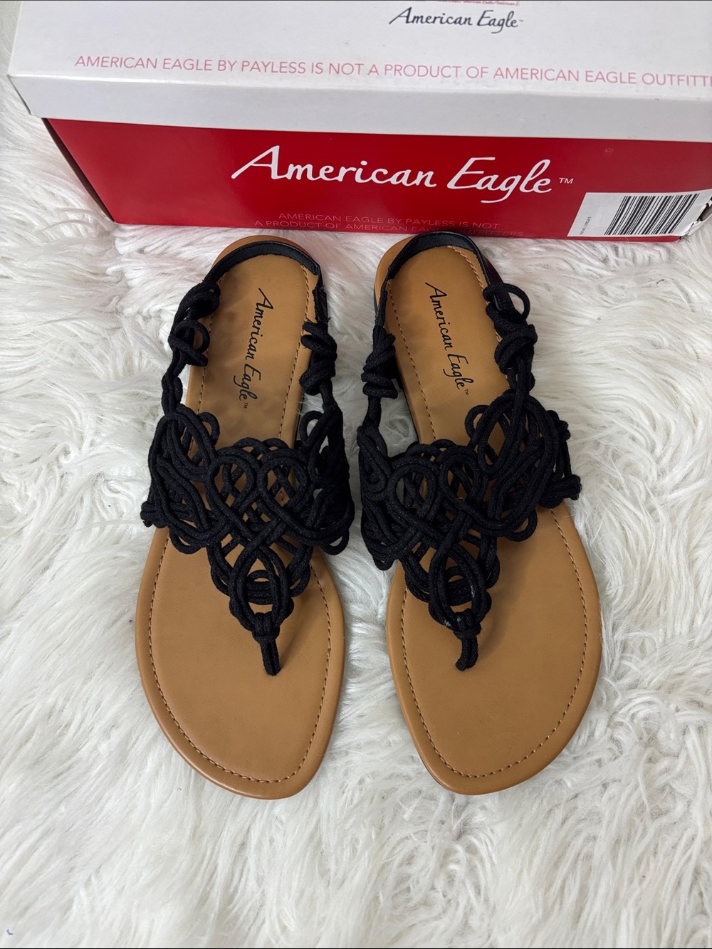 American Eagle By Payless Black Braided T-Strap Sandals with Tan Footbed